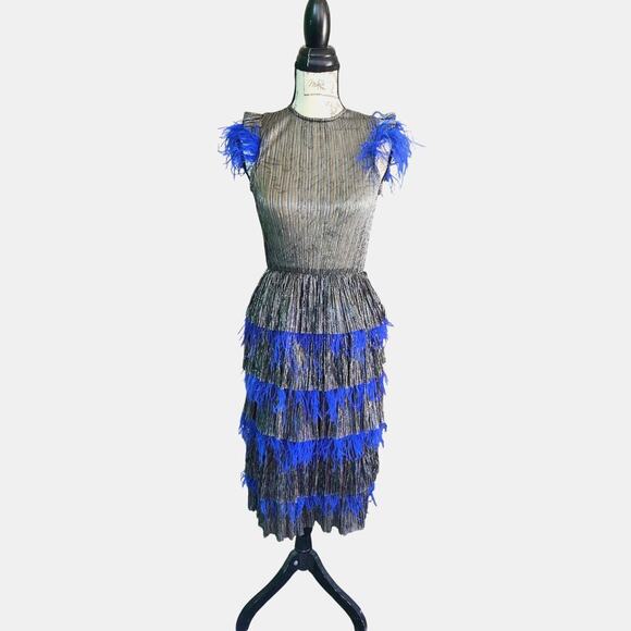 Sabina Musayev  Tiered Blue Metallic Midi Dress Size S Sheer elegant - Picture 1 of 8